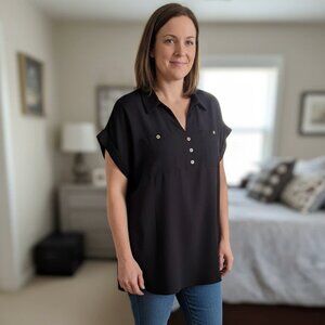 Jones New York Signature Black Top Size M Short Sleeve Collared Blouse J jennsc_